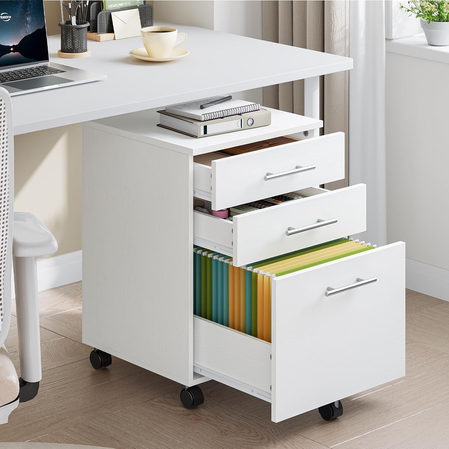 3 Drawer Mobile Filing Cabinet Rolling Office Storage Under Desk White