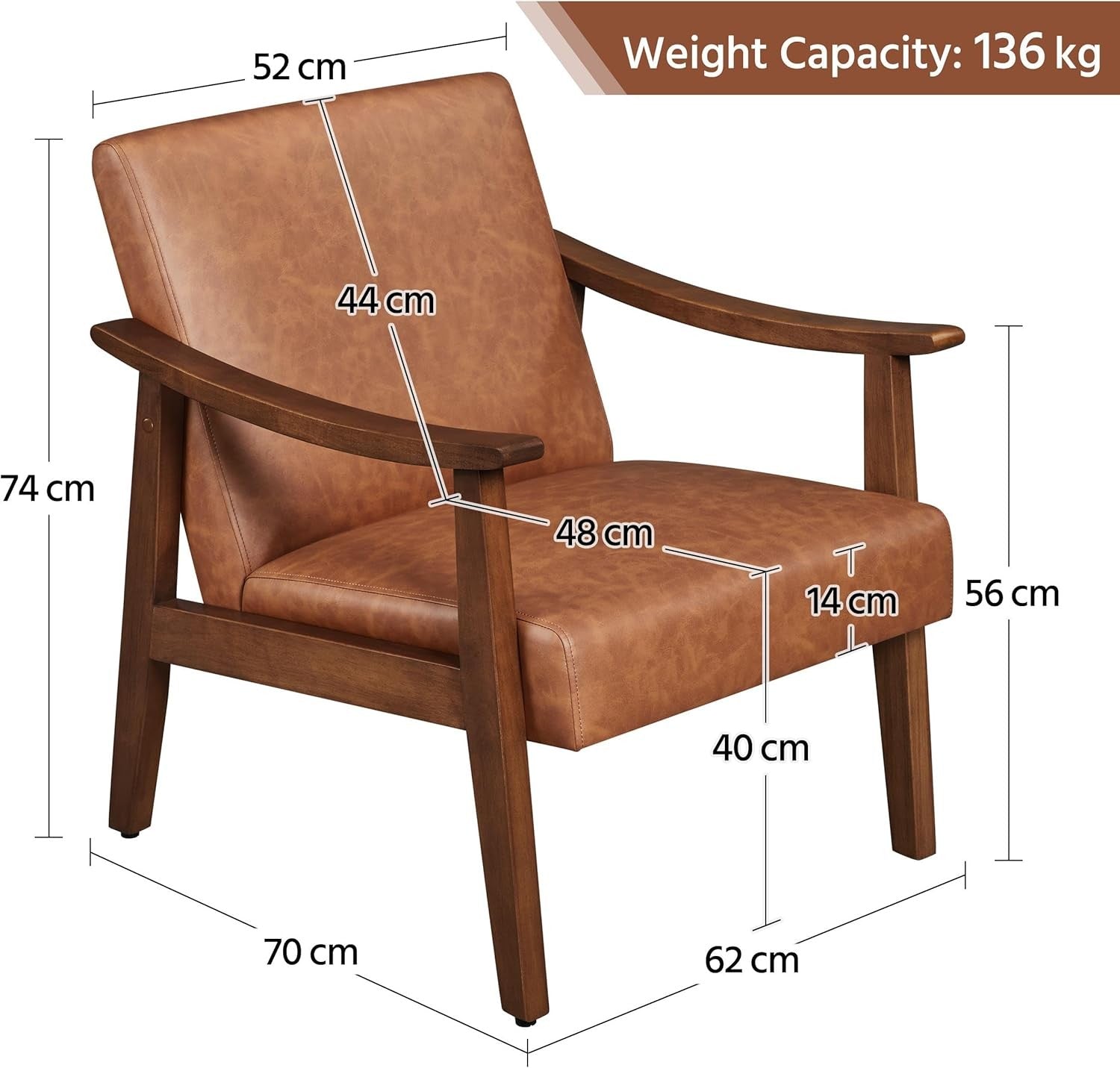 Leather Accent Armchair Lounge Chair Wooden Legs Modern Brown Seat