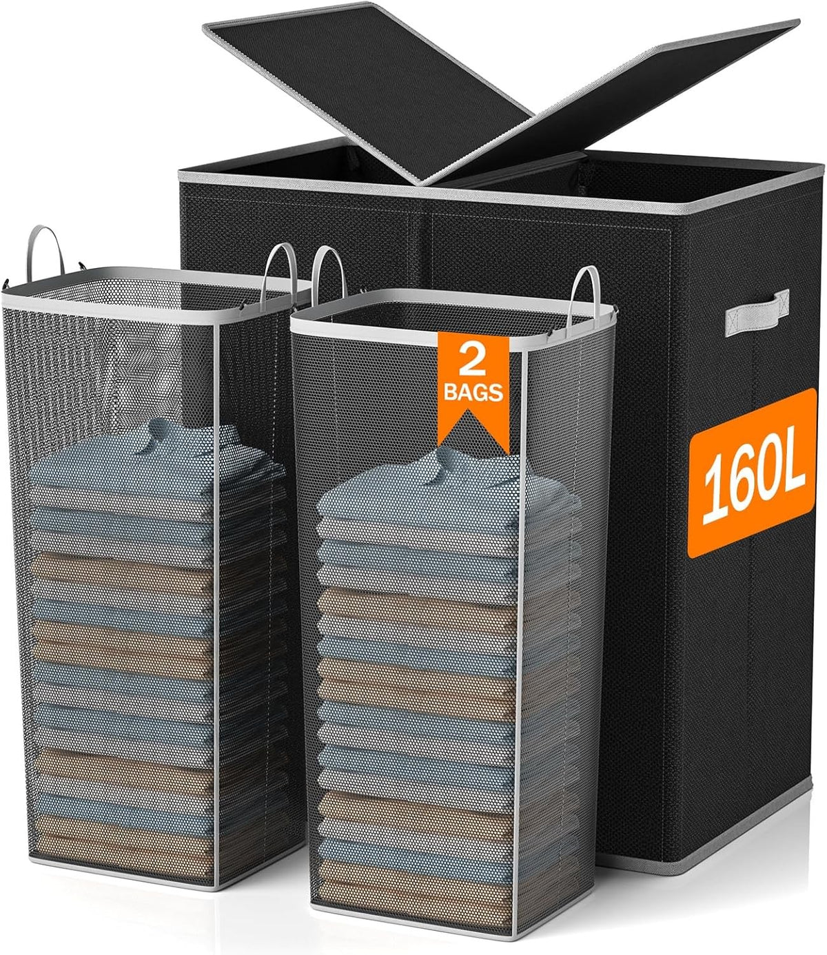 160L Double Laundry Hamper with Lid & 2 Removable Bags Large Clothes Organizer