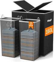 160L Double Laundry Hamper with Lid & 2 Removable Bags Large Clothes Organizer