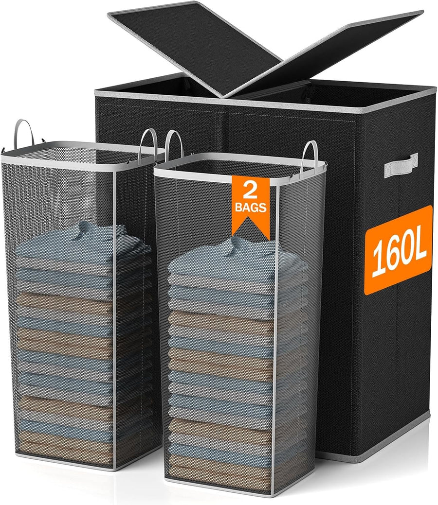 160L Double Laundry Hamper with Lid & 2 Removable Bags Large Clothes Organizer