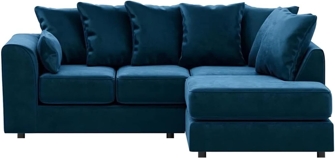 Blue Velvet Corner Sofa 4 Seater L Shape | RH Chaise | Full Foam Seating