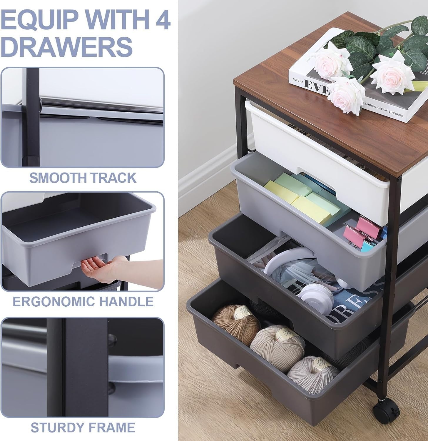4 Drawer Mobile Storage Cart Utility Organizer Trolley w/ Wooden Top