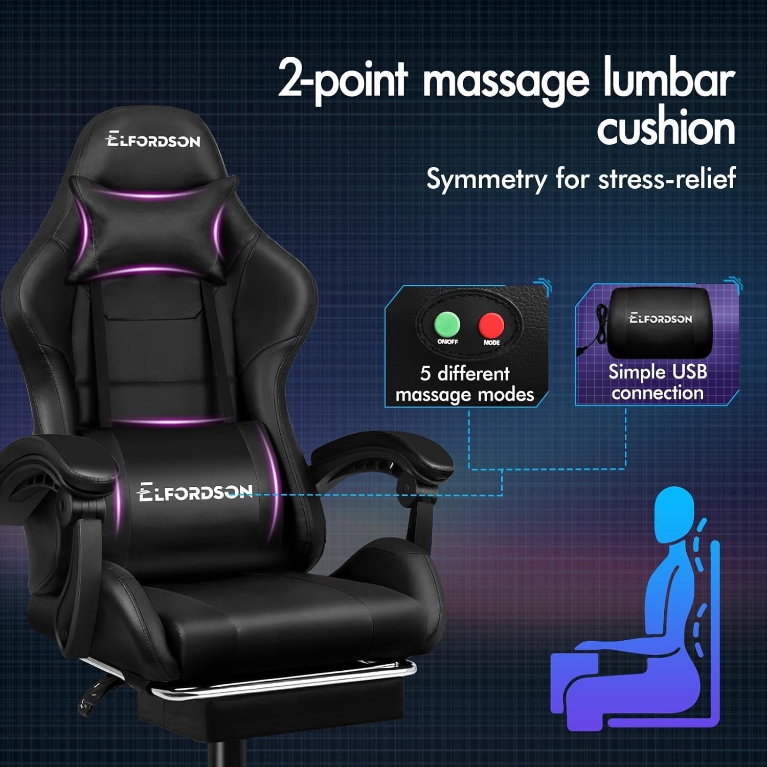 XL Gaming Chair Recliner Massage Lumbar Support Faux Leather PC Office Workstati