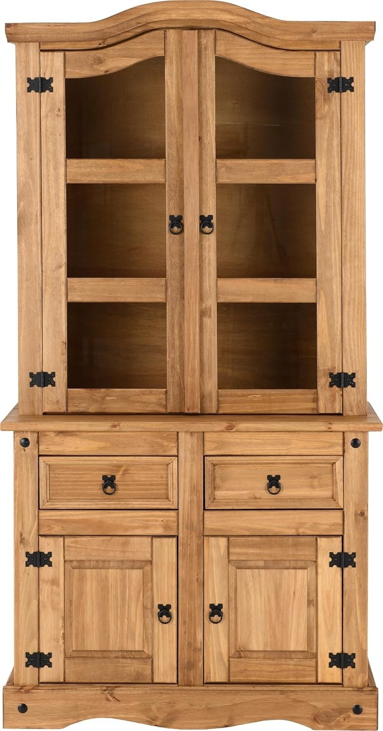 Rustic Pine Buffet Hutch 3 Ft 2 Doors 2 Drawers Glass 193H