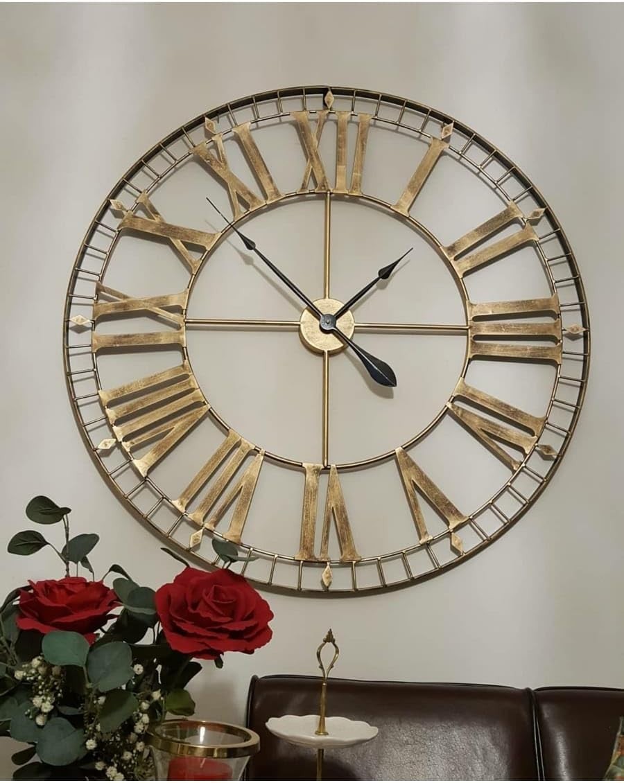 88cm Rustic Gold Skeleton Wall Clock Large Roman Numerals Living Room