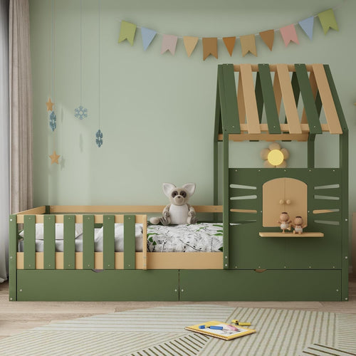 Kids Cabin Bed w/ Drawers 3FT Single Frame Pine House Style Safety Guard