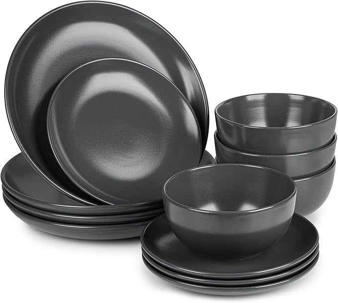 16 Piece Charcoal Dinnerware Set for 4 Stoneware Plates Bowls Mugs