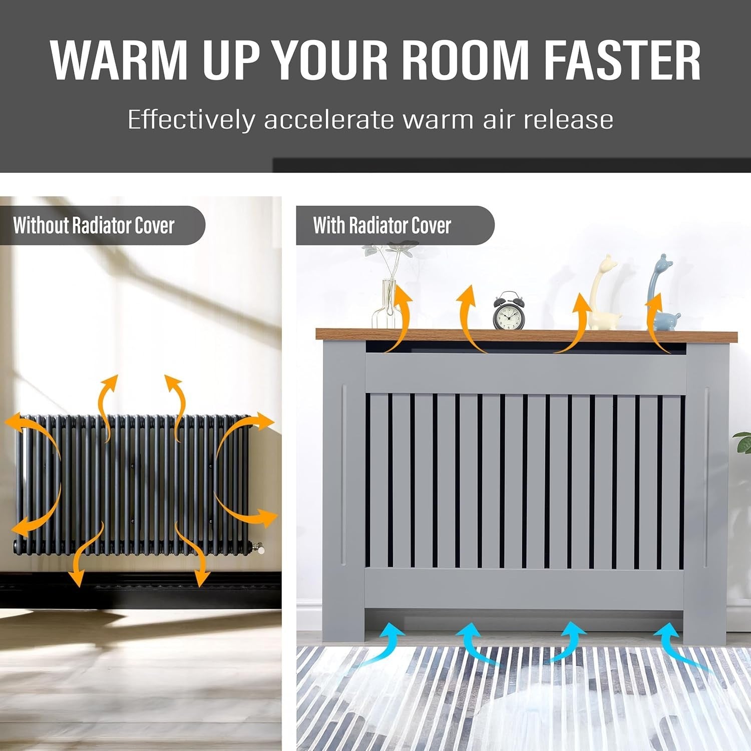 Modern Radiator Cover Medium Grey Oak Top | MDF Slatted Heating Cabinet Shelf