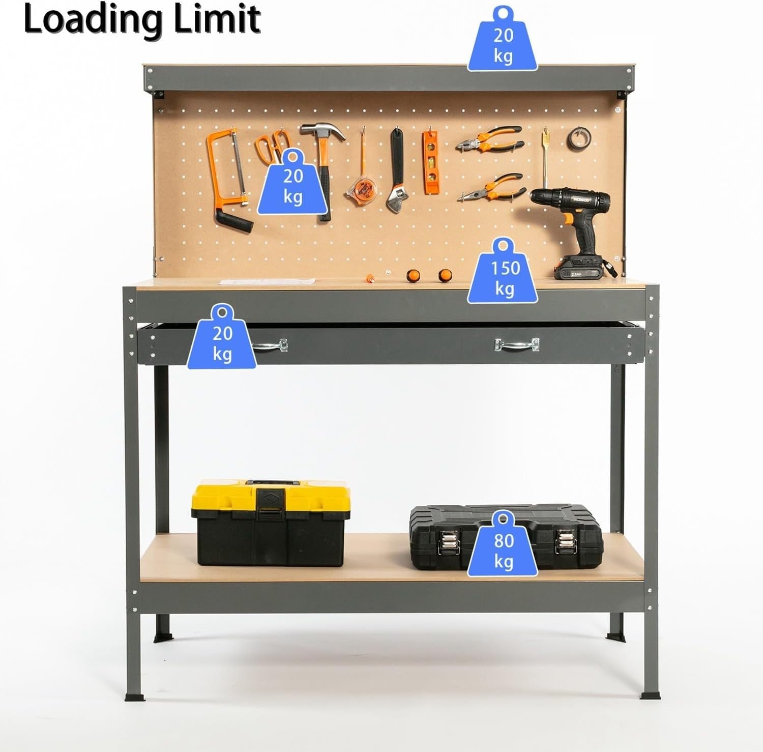 Grey Steel Garage Workbench Tool Station w/ Drawer Pegboard Shelf DIY Storage