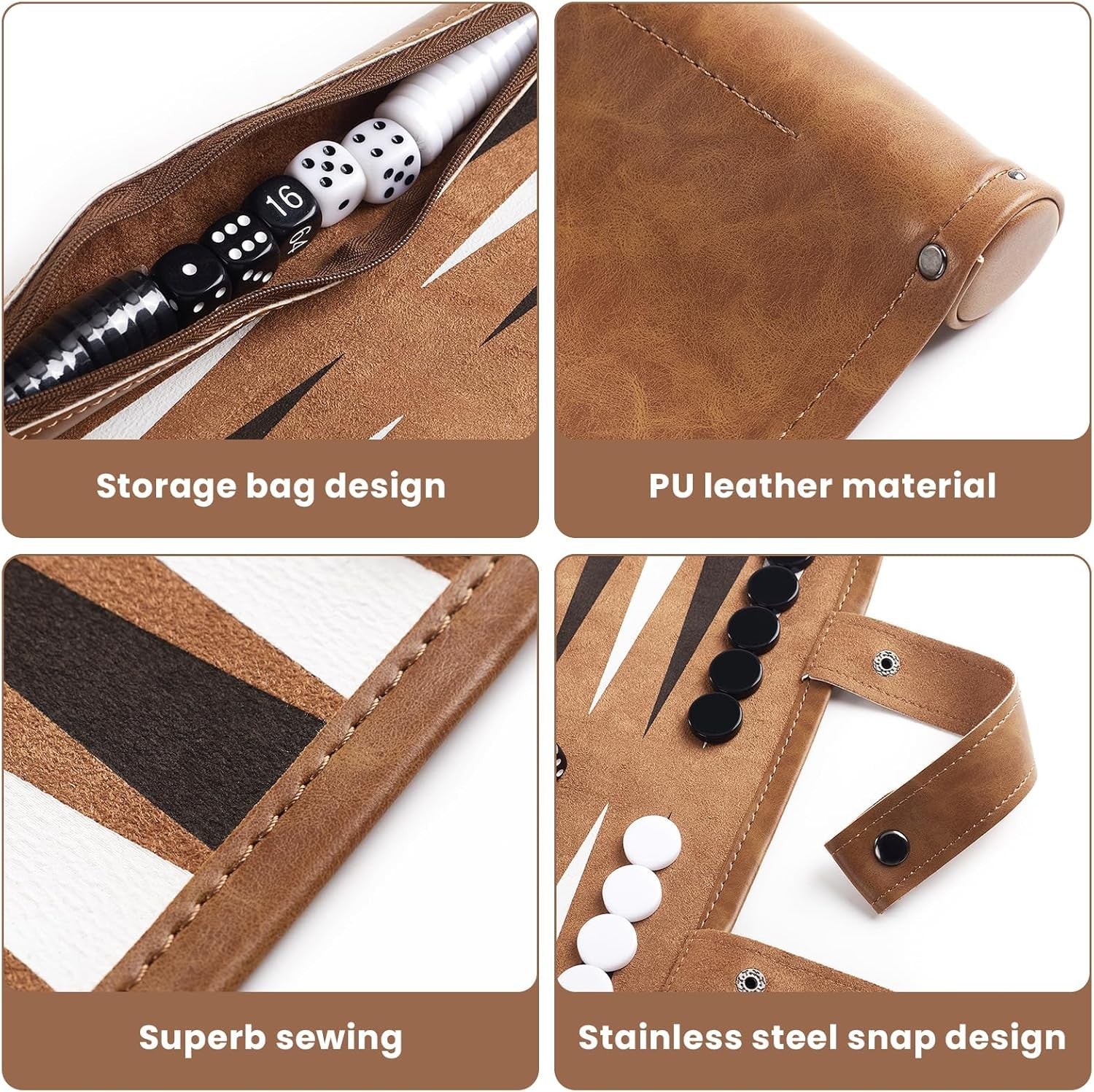 Roll Up Backgammon Set Portable Travel Board PU Leather Classic Strategy