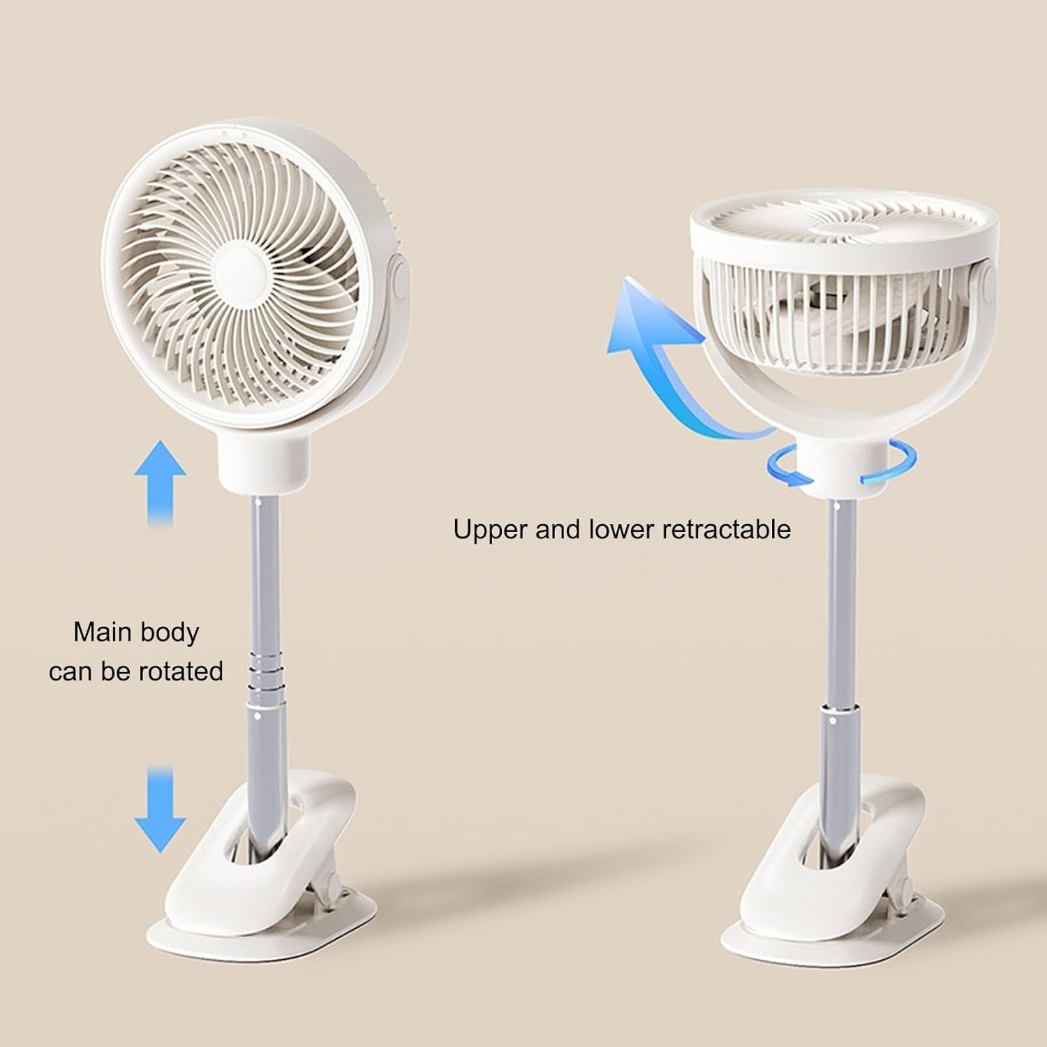 Clip-On Desk & Floor Fan – 4-Speed Telescopic USB Rechargeable with LED Light