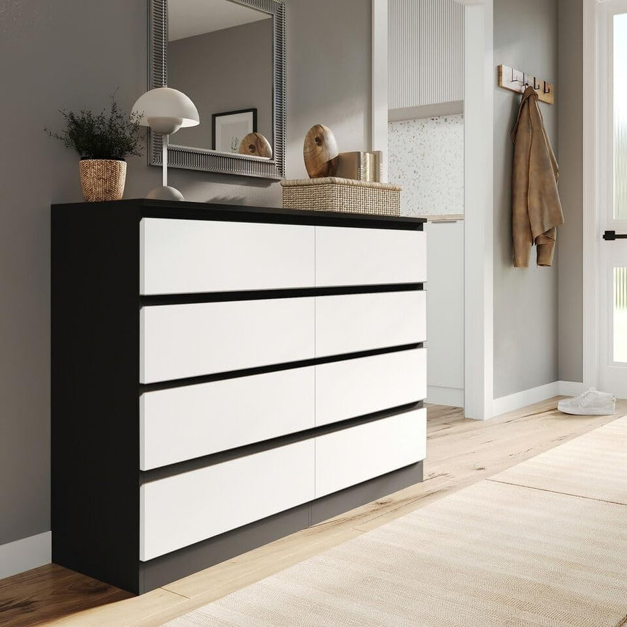 Black Chest of 8 Drawers White Front Modern Storage Unit for Bedroom Office