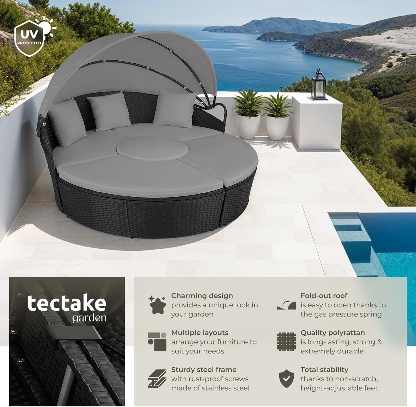 Modular 5-Piece Outdoor Rattan Daybed Set with Adjustable Canopy & Cushions