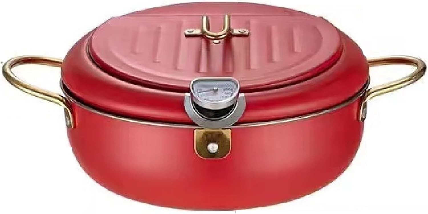 21cm Stainless Steel Tempura Frying Pot w Thermometer Lid Oil Spout