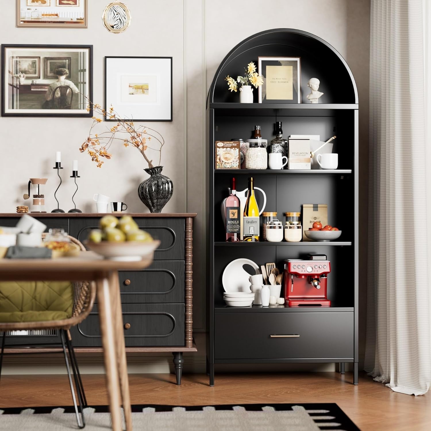 185cm Metal Arched Kitchen Pantry Cabinet Black | Drawer Storage