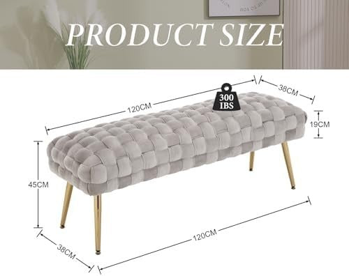 Velvet Ottoman Bench with Gold Metal Legs, Grey Upholstered Entryway Seat
