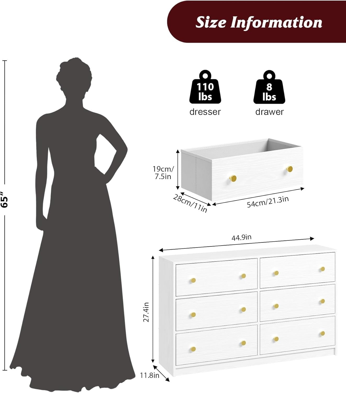 White 6 Drawer Dresser Chest Storage Unit Cabinet for Bedroom Hallway