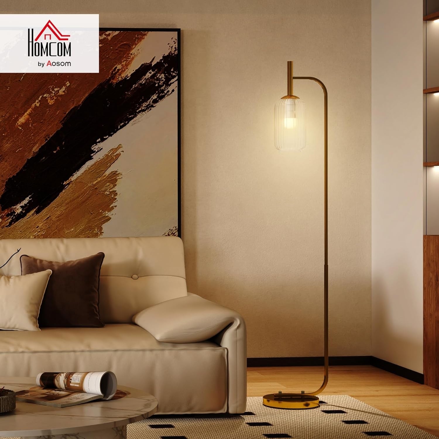 Gold Floor Lamp Glass Shade Standing Light Foot Switch Living Room Bedroom