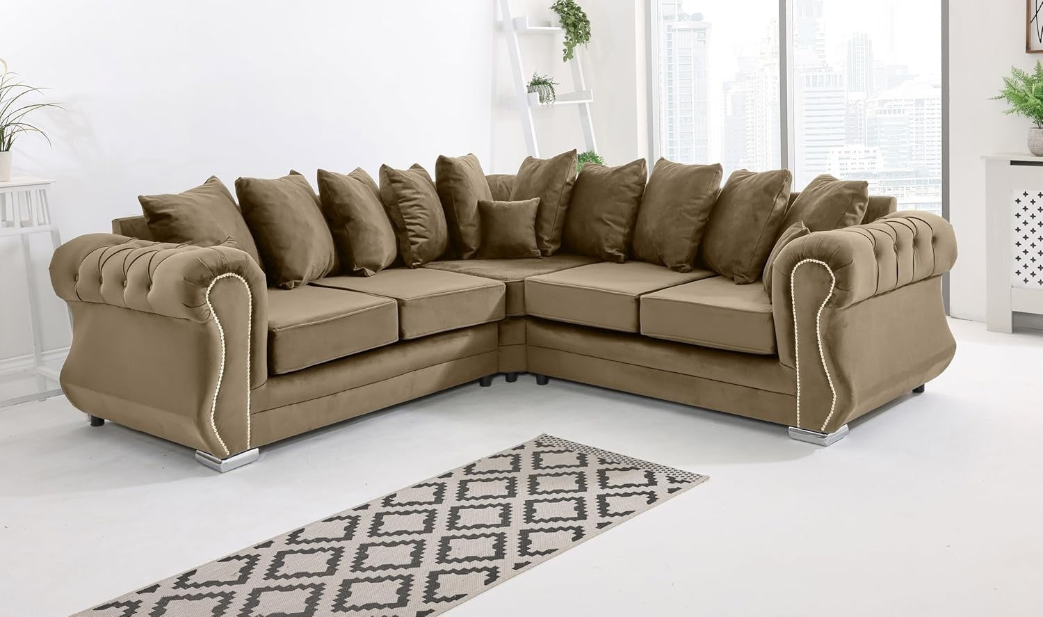 Mink Plush Velvet 5 Seater Corner Sofa with Foam Cushions & Button Tufted