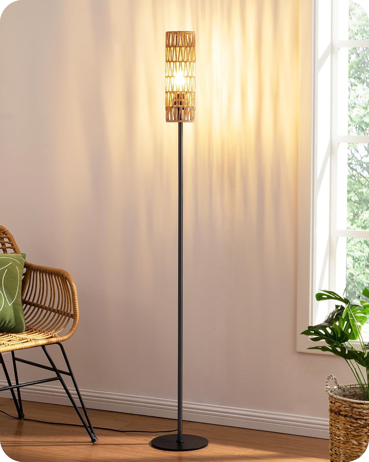 Rattan Floor Lamp Natural Boho Standing Light 165cm E27 LED Warm Glow