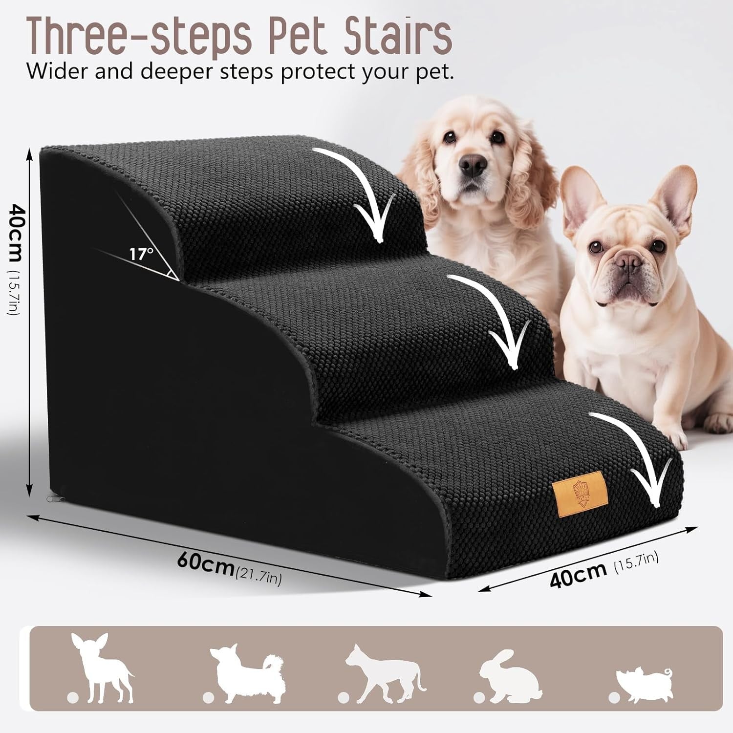 Black 3 Step Dog Ramp Stairs Non Slip Foam 60x40x40cm