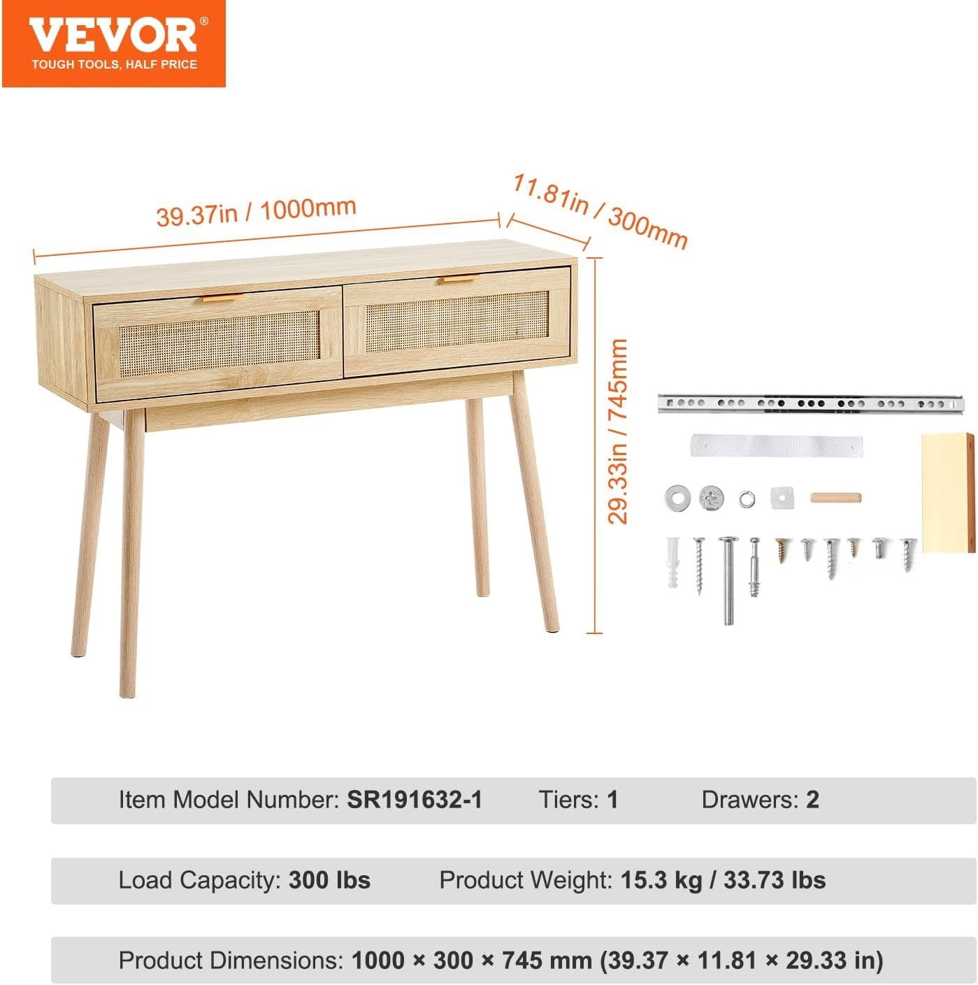 Rattan Console Table with Drawers & Shelf, Entryway Storage Unit 100cm