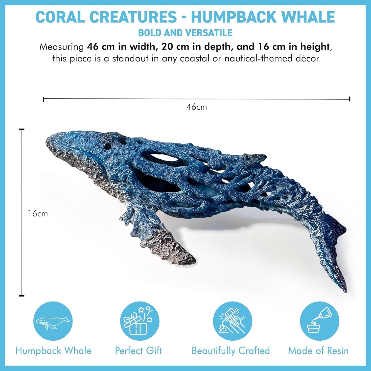 Large Hand-Painted Humpback Whale Ornament 46cm | Nautical Ocean Decor Resin Art