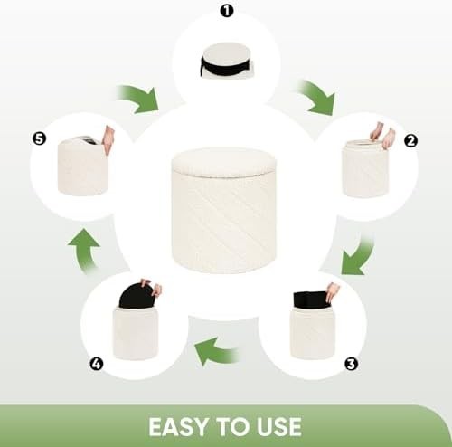 White Round Storage Ottoman Footstool 3-in-1 Seat with Lid 33x33x35cm