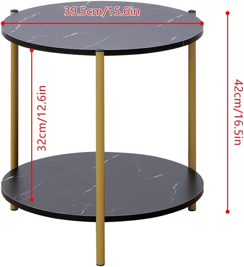 Round Black Marble Side Table with 2-Tier Shelf – Modern Metal Frame End Table