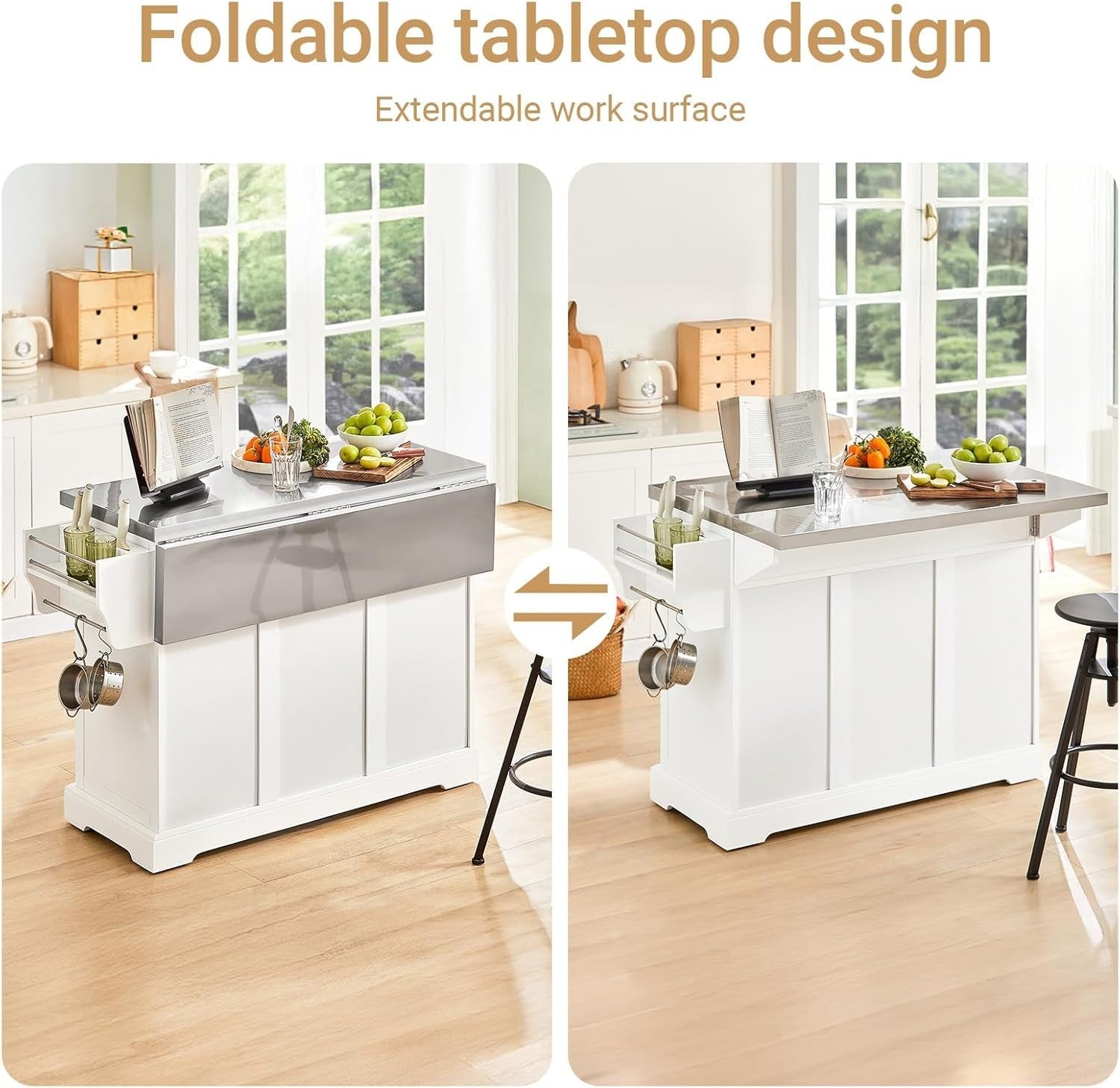 Extendable Kitchen Island on Wheels Stainless Steel Worktop Storage Cart