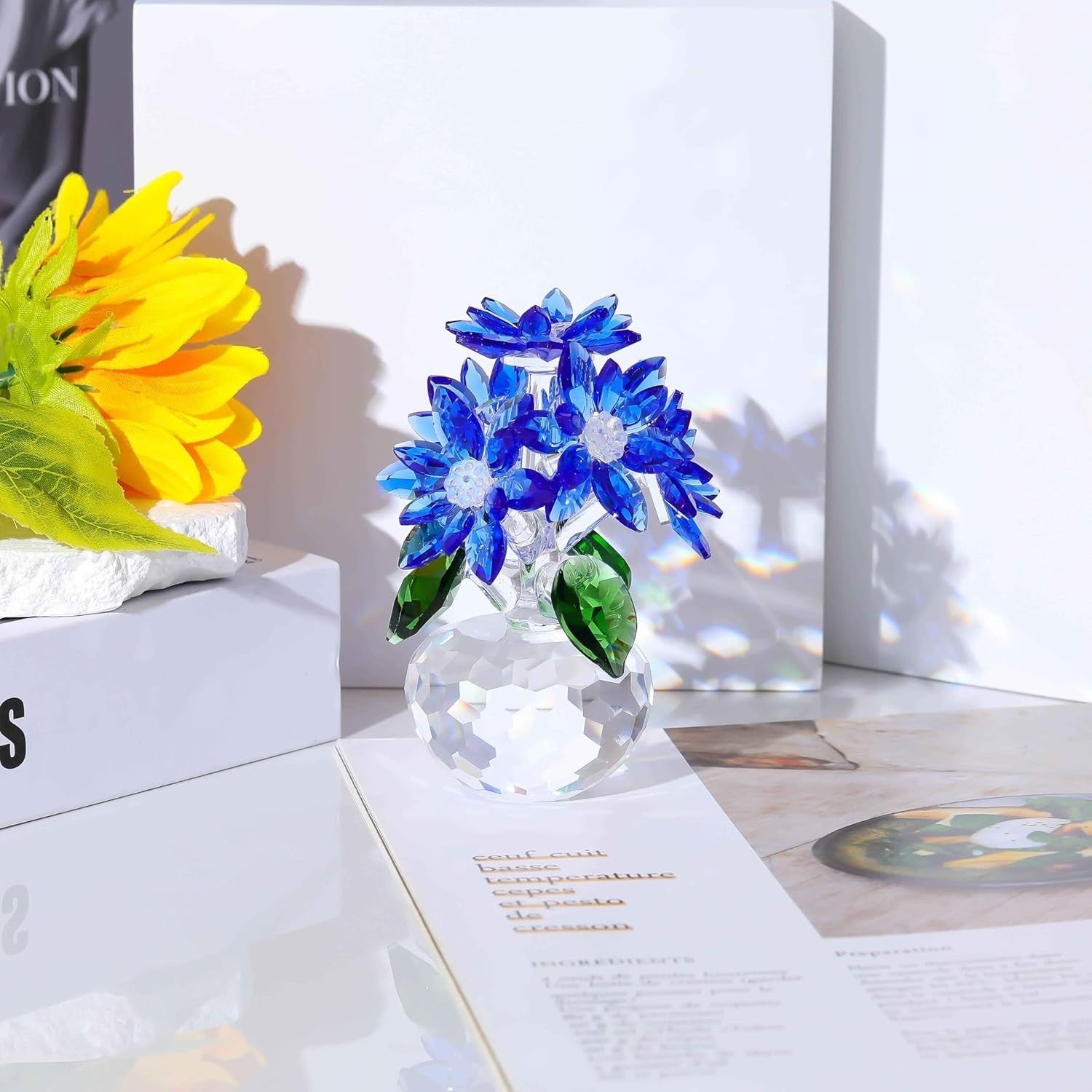 Crystal Sapphire Daisy Bouquet Ornament Blue Glass Flowers Gift Home Decor 10cm