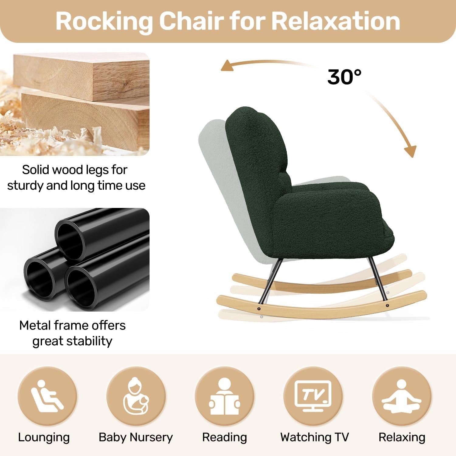 Green Lambswool Rocking Chair with High Back & Armrest - Comfy Nursery Seat
