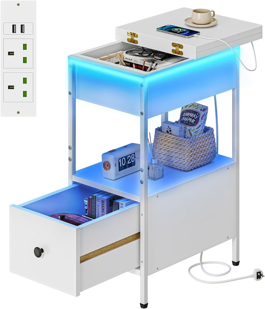 Slim White Smart Bedside Table with LED Light, USB Charging & Drawer