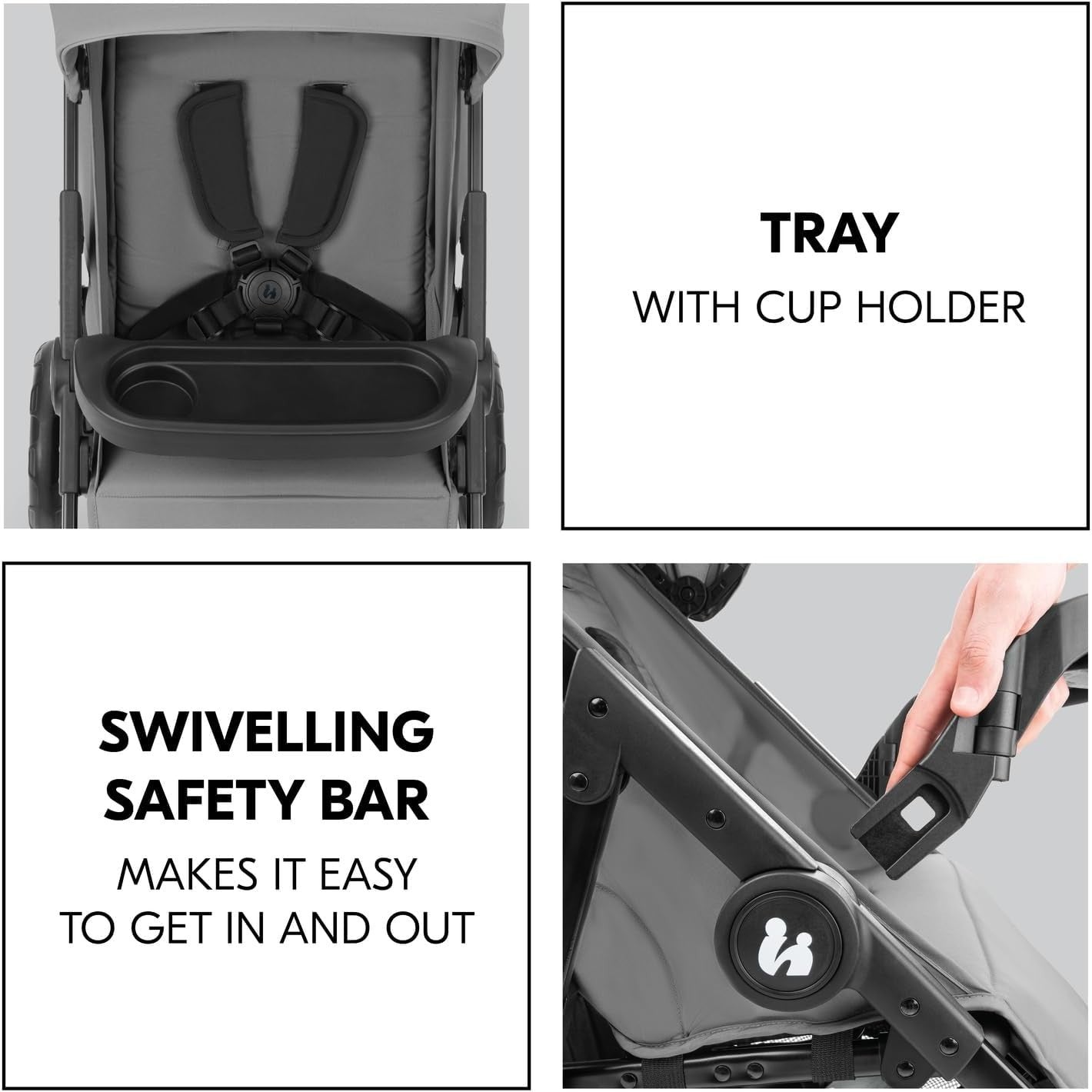 Lightweight Pushchair Foldable Pram Reclining Seat Snack Tray Cup Holder Grey