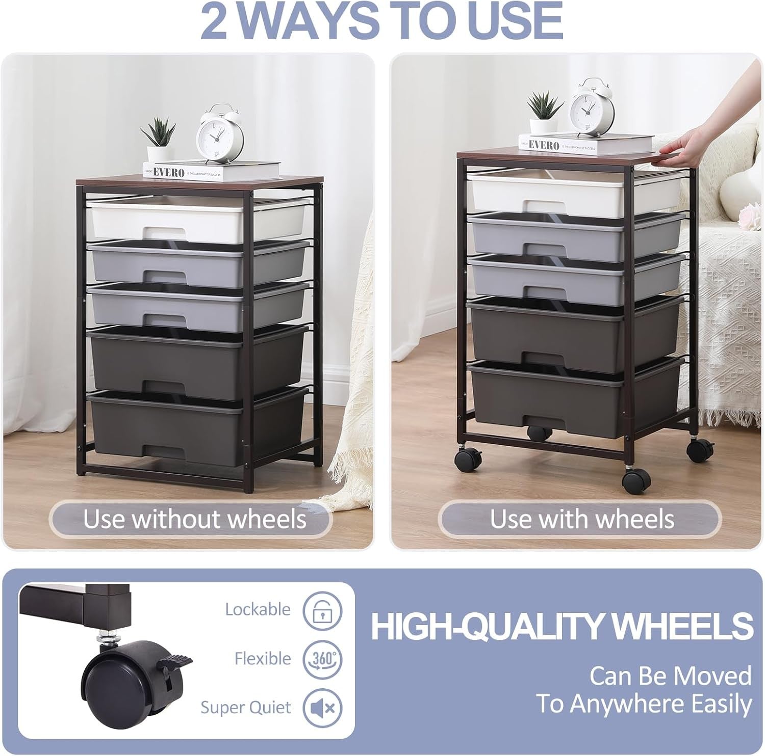 5 Drawer Rolling Storage Trolley Cart with Wheels Utility Organizer Grey