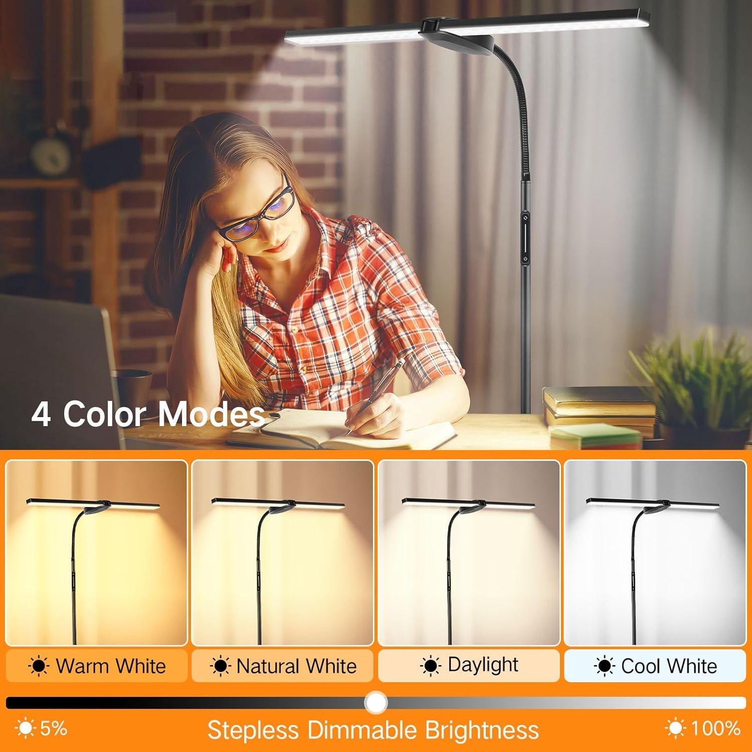 Double Head LED Floor Lamp Dimmable Remote Touch Adjustable Reading Light