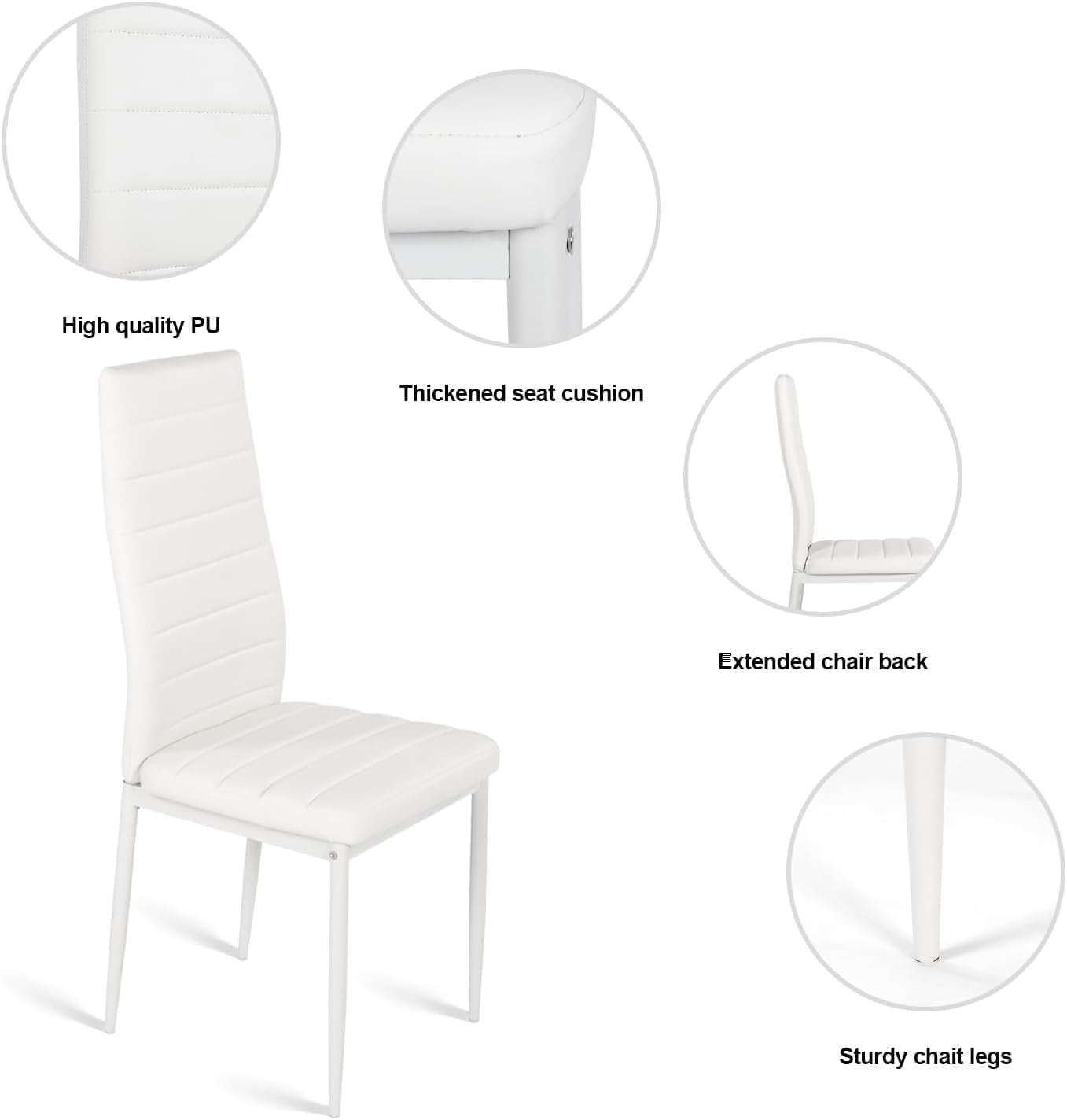 Modern 4-Seater White Glass Dining Table with Faux Leather Chairs