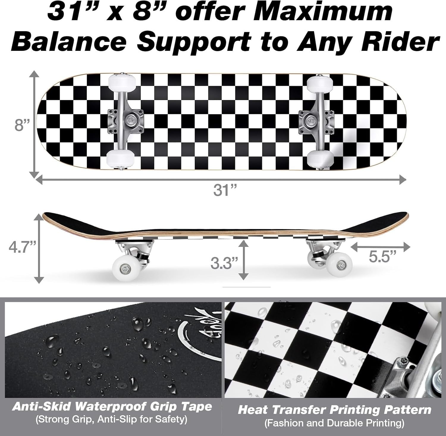 31x8 Maple Complete Skateboard Double Kick Trick Cruiser Board White
