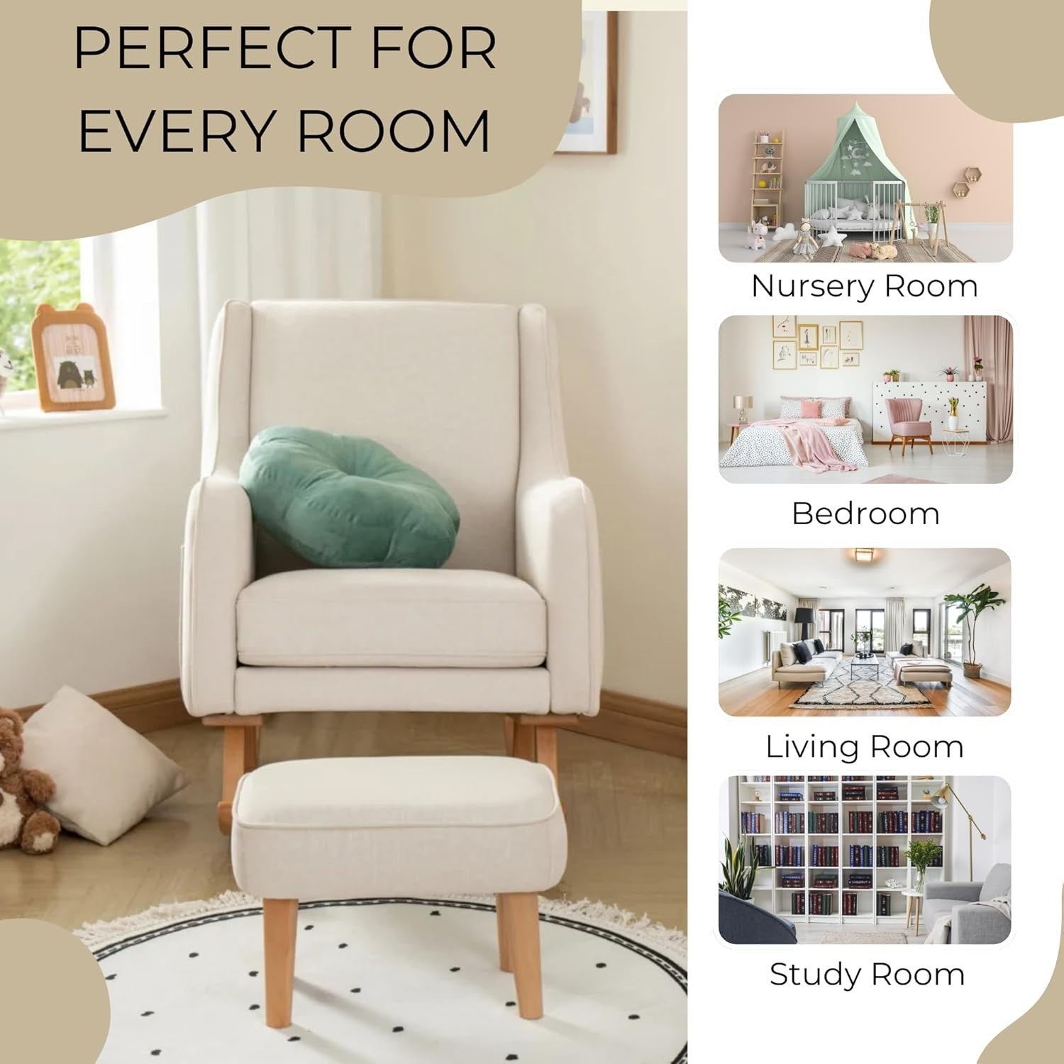 Luxury Nursery Rocking Chair w/ Footstool - Comfy, Stylish, Soft Fabric