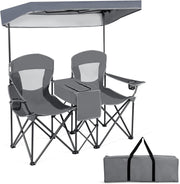 Grey 2 Seat Folding Camping Chair w/ Canopy, Cooler Bag, Cup Holders, Case