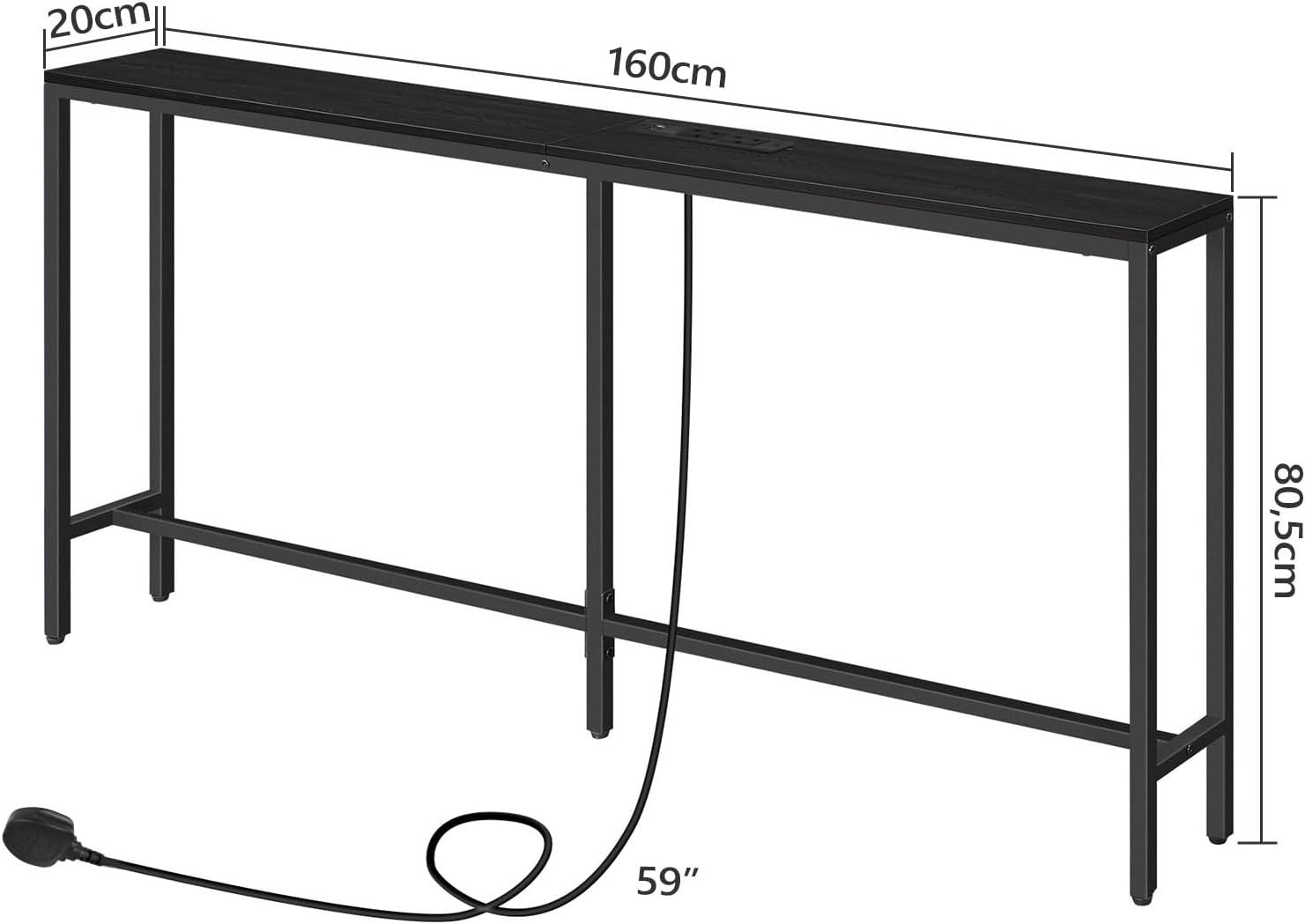 Power Outlet Sofa Table with USB Ports, 160 cm Narrow Console Table