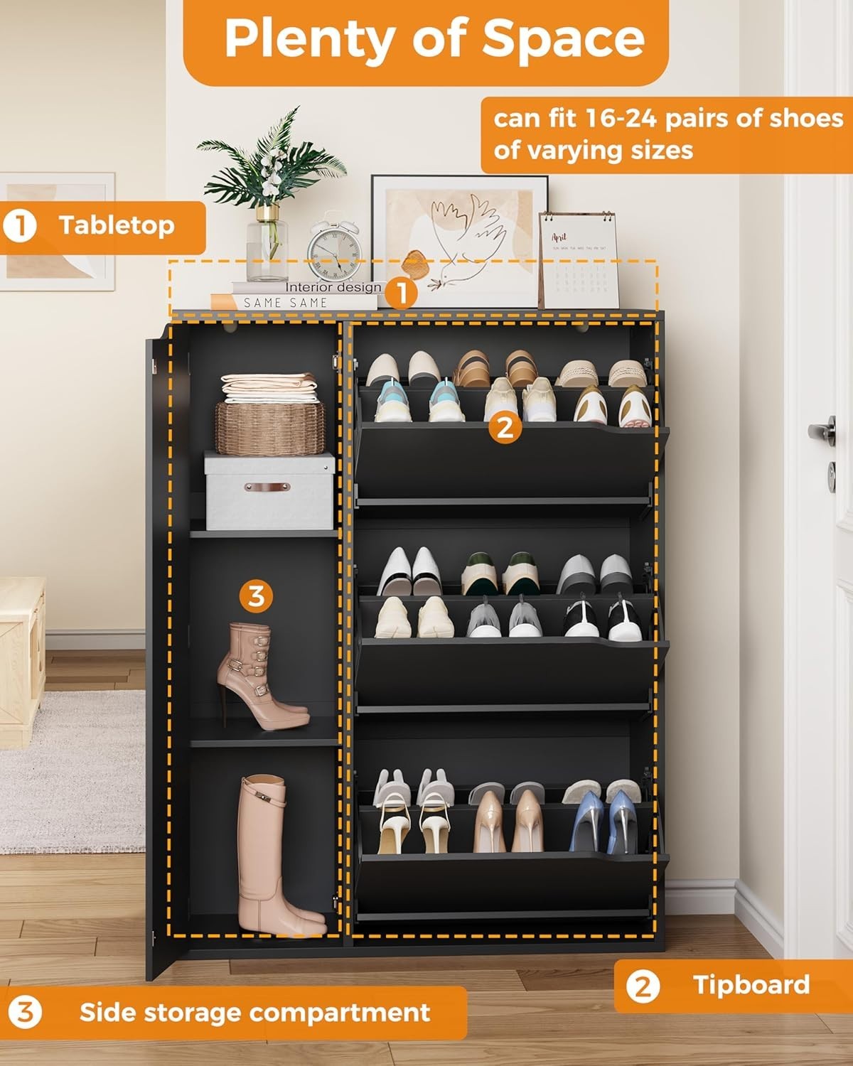 Modern 3-Door Flip Shoe Cabinet with Adjustable Shelves & Boot Storage