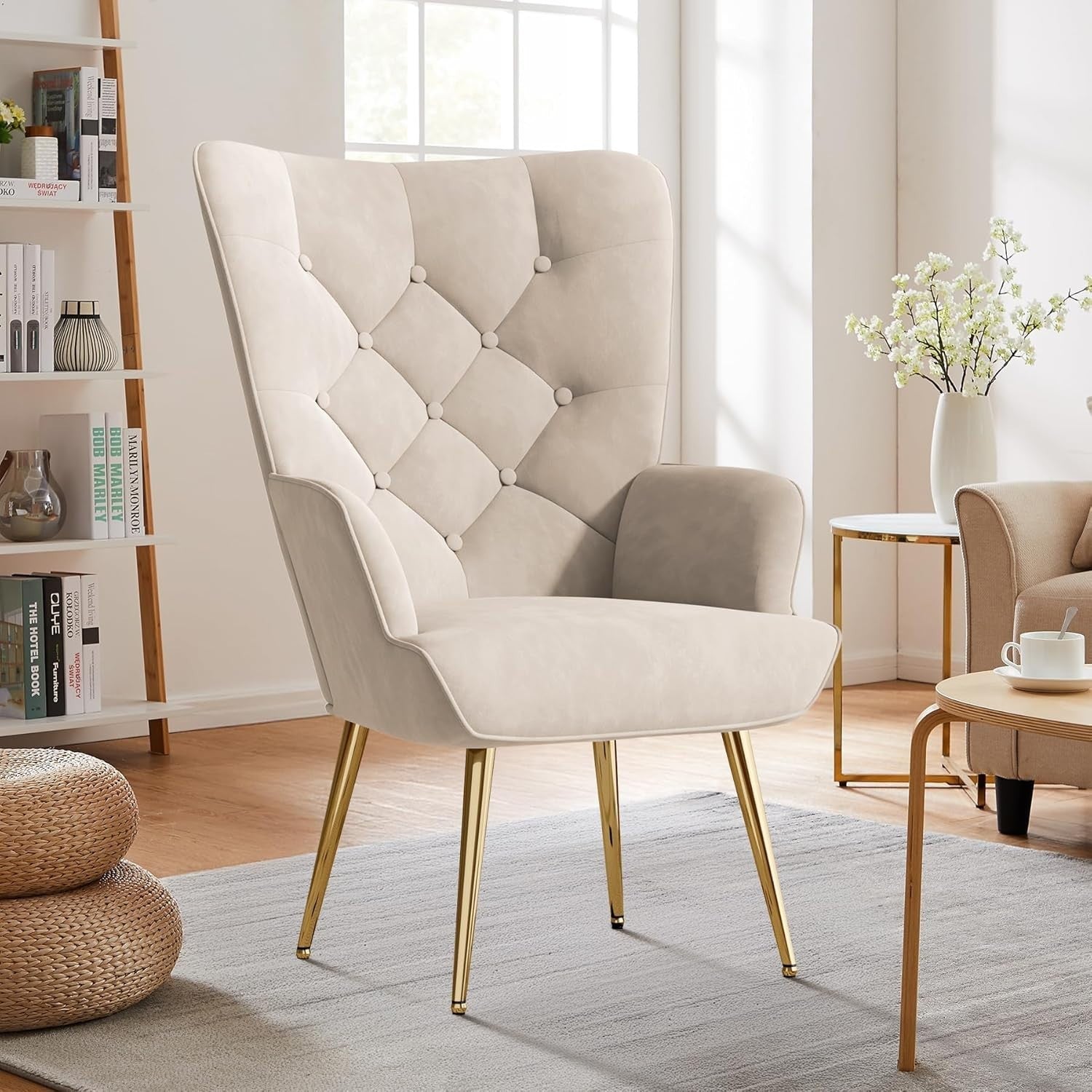 Beige Velvet Wing Back Chair High Back Memory Foam Gold Legs Living Room