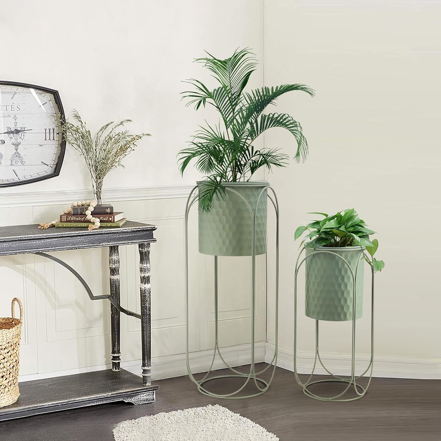 Set of 2 Tall Metal Plant Stands Indoor Outdoor Modern Flower Pots Green Decor