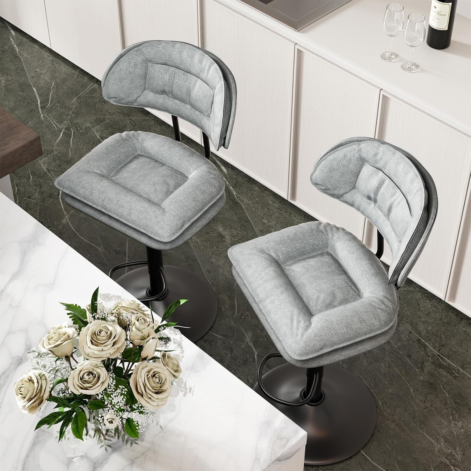 Adjustable Swivel Bar Stools Set of 2 | Grey Fabric Counter Height