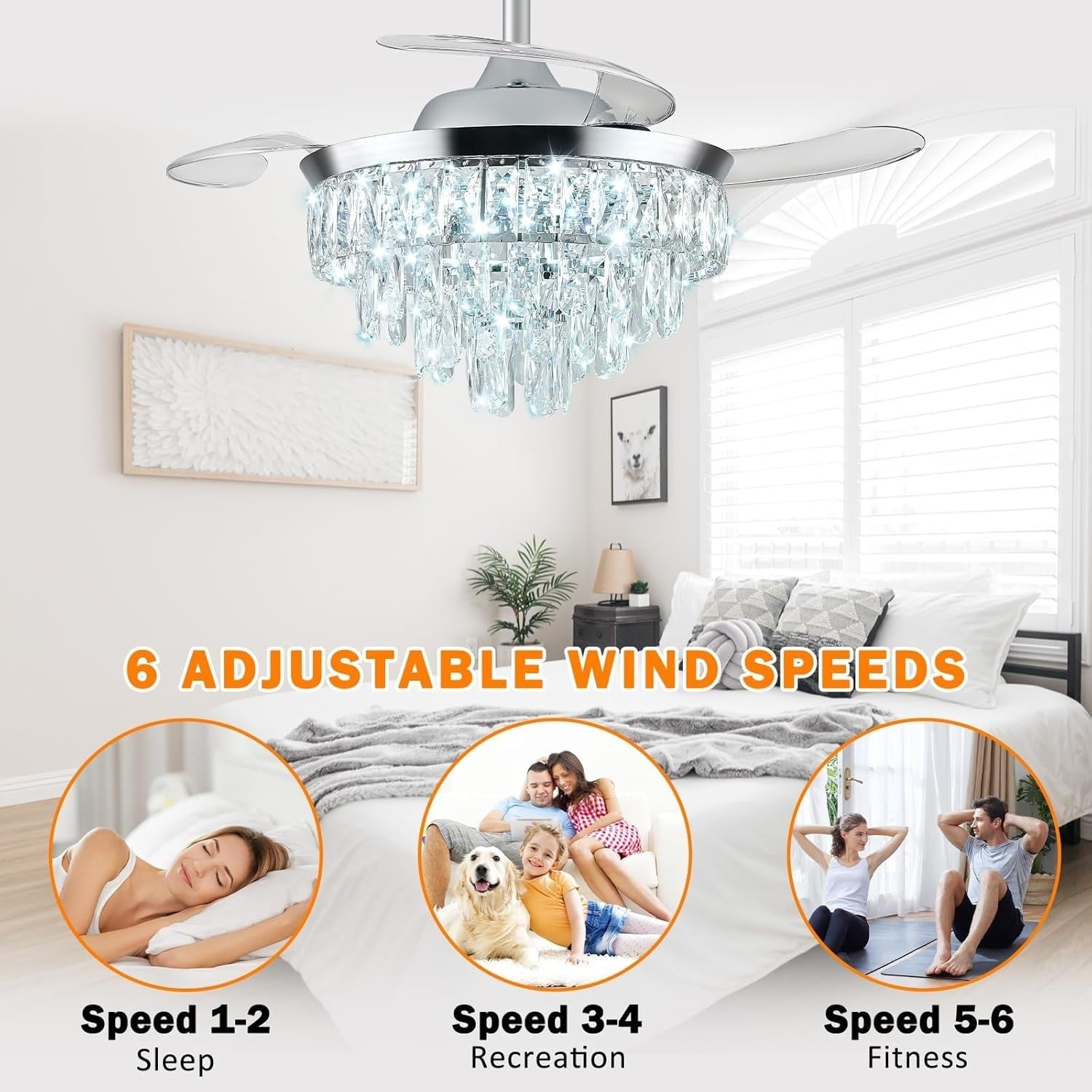 42" Modern Crystal Chandelier Ceiling Fan with Light Dimmable Remote