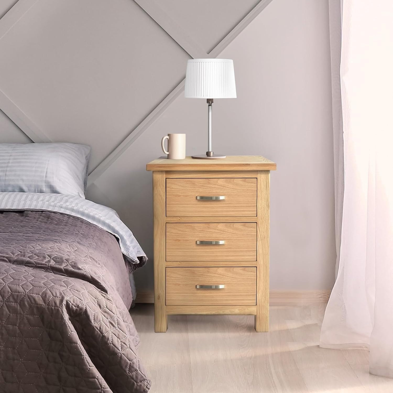 Solid Oak Bedside Tables Set of 2 with 3 Drawers – Wooden Nightstands