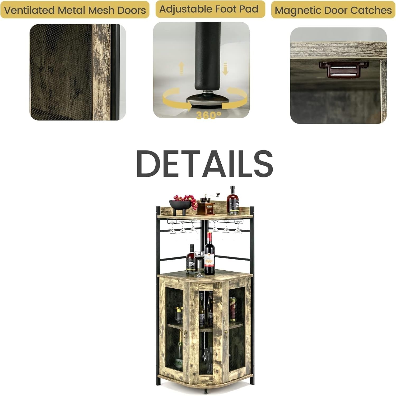 Corner Bar Cabinet with Wine Rack & Glass Holders, Industrial Oak Grey