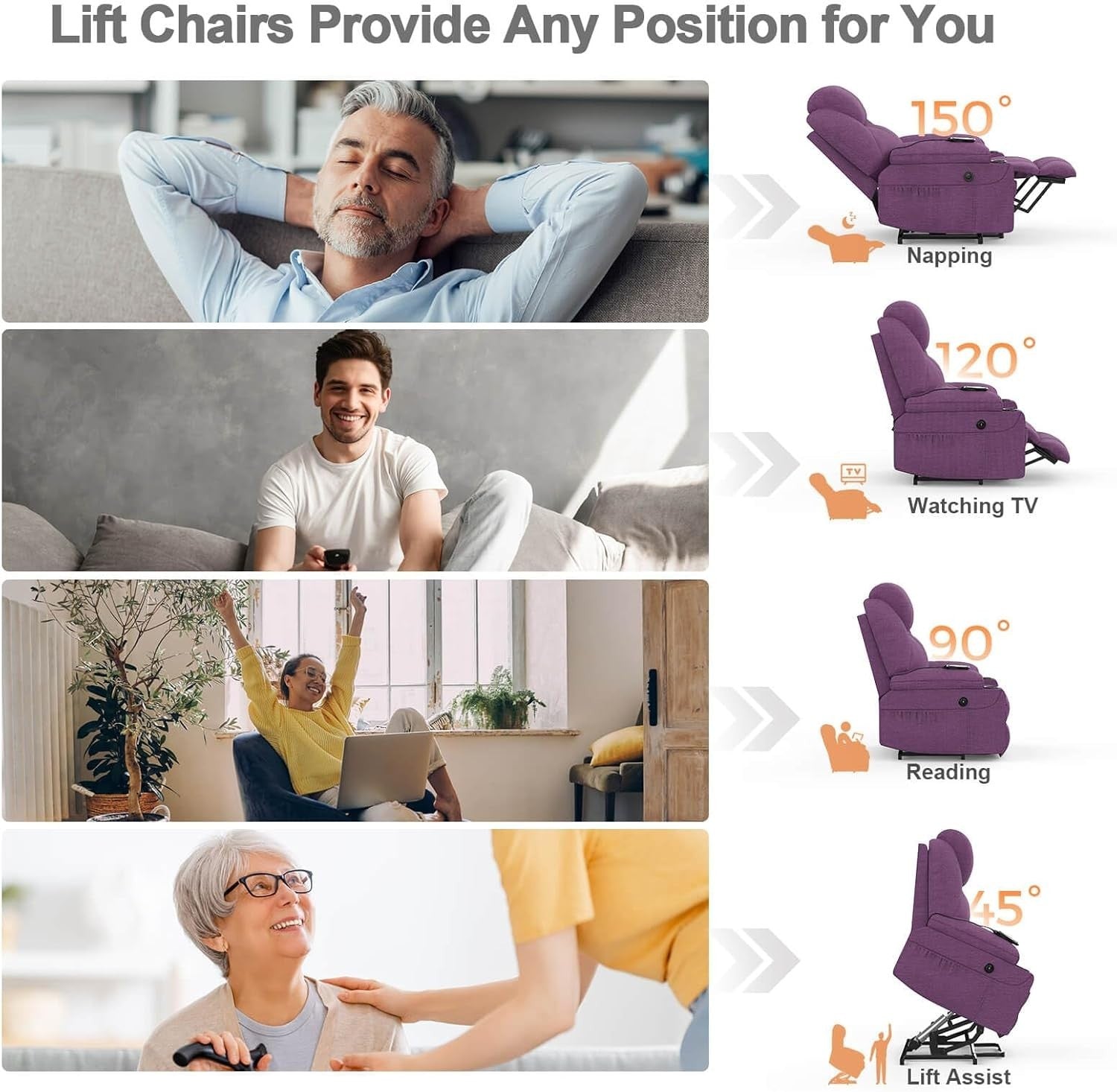 Power Lift Recliner Chair Massage Heat USB Type-C Cup Holders Fabric Purple